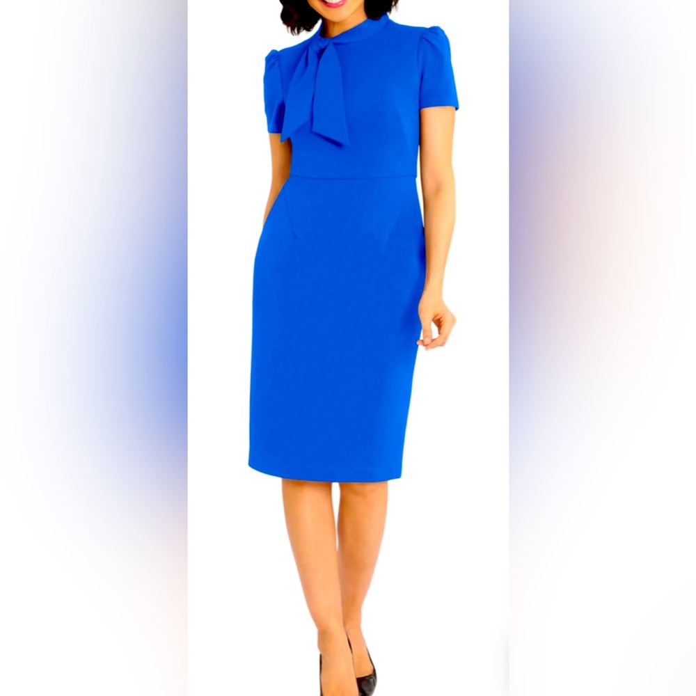 Maggy London Blue Midi Tie Neck Dress Size 6